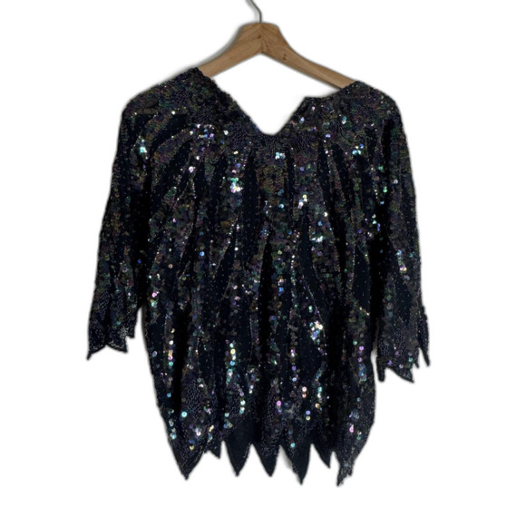 Vintage Iris Sequin Top Womens Medium Black Iridescent Beaded Party Blouse 80s - Picture 10 of 14